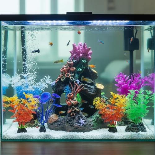 Image of PINVNBY Colorful Coral Small Fish Tank Decorations with 4PCS Artificial Aquarium Plants, Resin Mountain Ornament for Goldfish Betta Fish Tank Cave Hideout Sleep Rest Play Breed