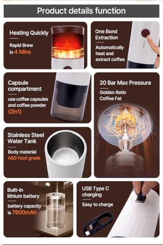Image of Xpresso BrewGo Mini Portable Espresso Machine - Travel Espresso Maker for Coffee Capsules & Ground Coffee - 20 Bar Auto Heating Portable Coffee Maker for Travel, Camping, Home & Office (white)