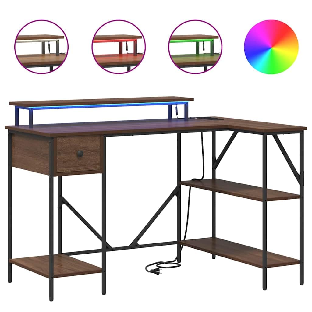 Escritorio con estante marrón efecto roble madera 120 x 79 x 86,5 cm mesa de trabajo con cajón e iluminación LED, espacio de almacenamiento para oficina y oficina en casa