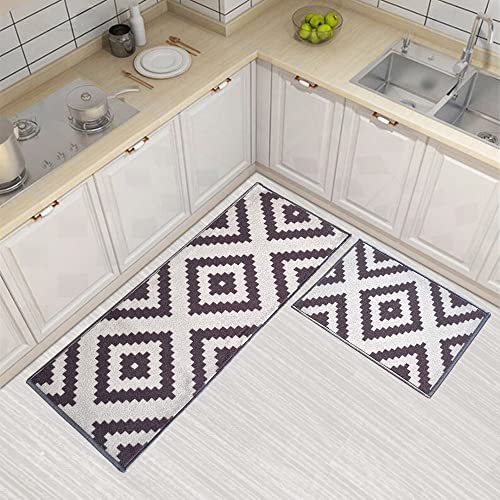 Image of Matz&More Anti Slip Kitchen Runner & Doormat Combo (50x120cm + 40x60cm), Nylon Tufted Floor Mat with Rubber Backing, Carpet for Kitchen, Hallway, Entrance & Bedside, Pattern Grey Offwhite