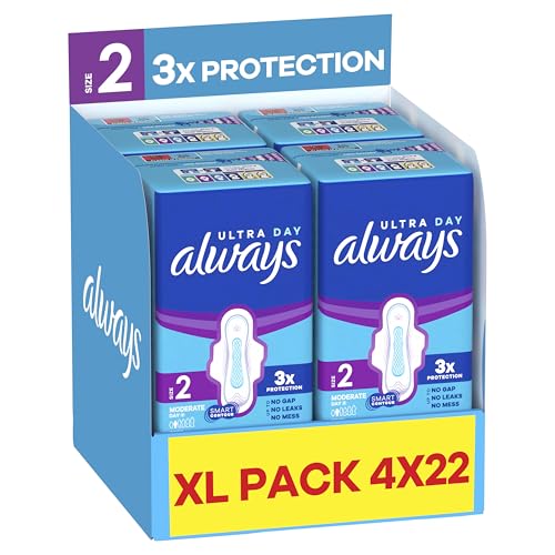 Always Ultra Sanitary Towels Size 2 Long Extra Large Pack 88 Count Super Absorbent Ultra Thin Pads with Wings for Moderate Flow