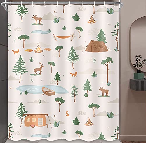 Image of Boziqr Camper RV Shower Curtain Travel Trailer Bathroom Accessories Wild Life Deer Moose Forest Decor Camping Shower Stall Curtains 60x72 Inches (Beige)