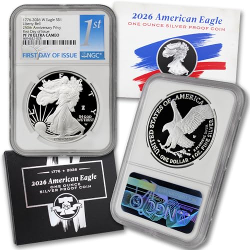 2026 W 1 oz American Silver Eagle Proof Coin PF-70 Ultra Cameo (First Day of Issue - 250th Anniversary - Liberty Bell 250 Privy) with Official Government Packaging $1 NGC PR70UCAM