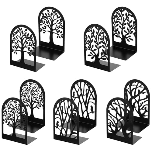 Bookends for Shelves Decorative, 5 Pairs of Tree Bookends Supports, Black Metal Book Stoppers for Heavy Books, Heavy Duty Book Ends for Home Office School