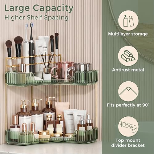 Image of BEFSOP Corner Bathroom Counter Organizer, Upgraded 2-Tier Makeup Organizer Countertop with Makeup Brush Holder, Skincare Exquisite Vanity Organizers Countertop Bathroom Storage Dresser(Green)
