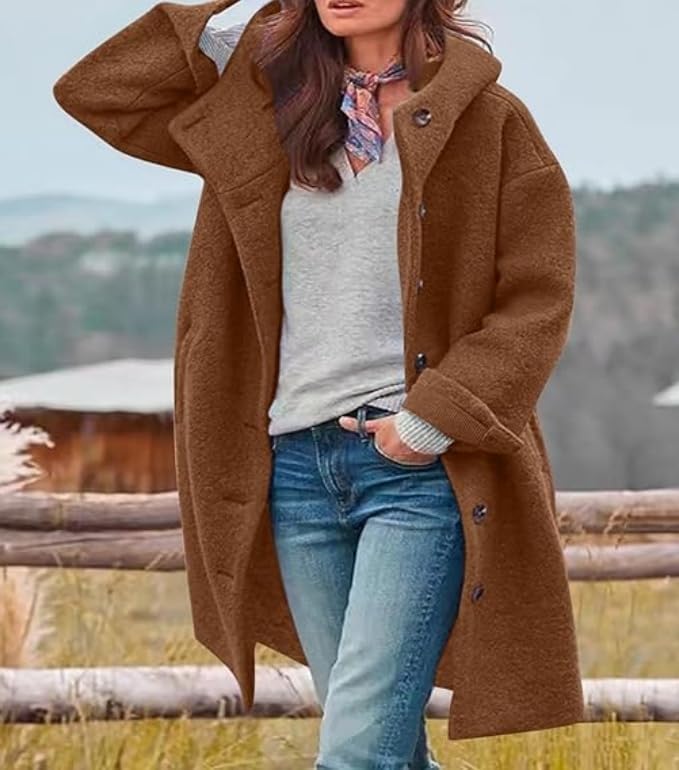 Ru Sweet Women's Winter Wool Single Breasted Pea Coat Long Trench Coat with Hooded Jacket Outerwear - Image 2