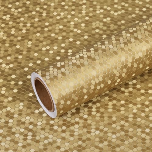VEELIKE Papier Peint Métallique Or Hexagonal Texturé Papier Peint Doré Mosaïque Luxe Revetement Plan de Travail Cuisine Lavable Décoration Cuisine Armoires Tiroirs Réfrigérateur 40 cm× 300 cm