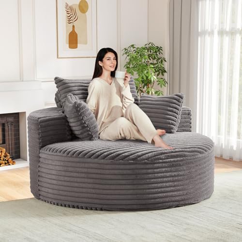 Oversized Round Chaise Longue Chair Indoor, Modern 55-inch Uphols...