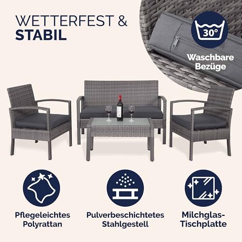 Casaria® Gartenmöbel Set Wetterfest 4 Personen Outdoor inkl. Auflagen Polyrattan 2 Sessel Gartenbank Tisch Garten Terrasse Balkon Möbel Lounge Grau