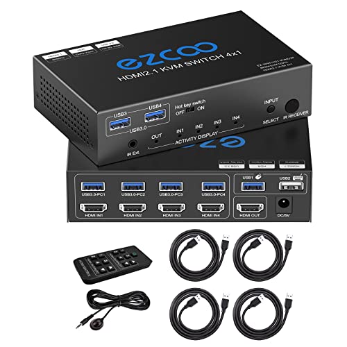 8K@60Hz 4K@120Hz HDMI 2.1 KVM Switch USB 3.0 4 Puertos con Hotkey Compartir 4 ordenadores con un teclado Mous HDR D olby Vision HDCP2.2 Mando a distancia USB 3.0 Cable x4
