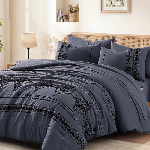 Image of MaiReve Queen Comforter Set Embroidery Floral 7 Pieces Bed in a Bag