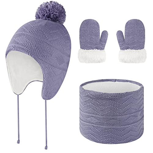 HYUET Ensemble de 3 Pièces de Bonnet Chapeaux Gants Écharpe Col Accessoires de Cou Hiver avec Sangle en Molleton Pompon Tricoté Chaud Cou Chaud Au Milieu pour Nouveau-Né Enfants Tout-Petit Cover