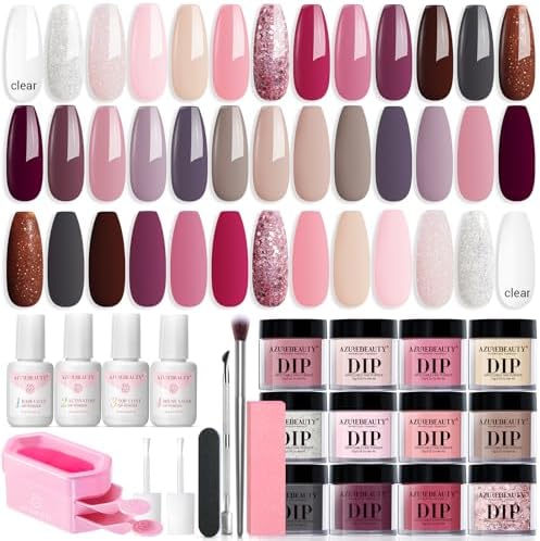 AZUREBEAUTY 31 Pcs Dip Powder Nail Kit Starter 20 Colors Clear Nude Pink Brown Glitter All Season Acrylic Dipping Powder Liquid Set with Top/Base Coat Activator for French Nail Art DIY Salon Gift