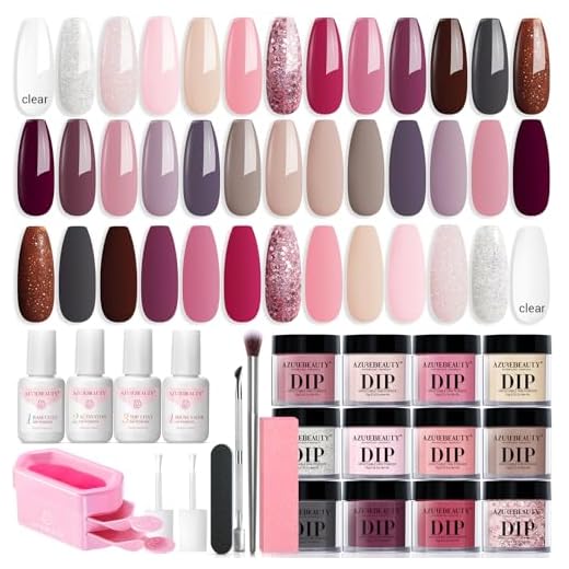 AZUREBEAUTY 29 Pcs Dip Powder Nail Kit Starter, 20 Colors Clear Nude Pink Brown Glitter All Season Acrylic Dipping Powder System Essential Liquid Set with Top/Base Coat Activator for French Nail Manicure DIY Salon Women Gift