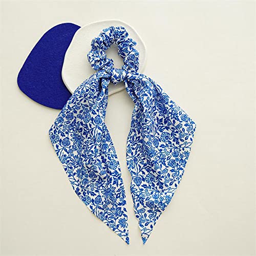 Blue Hair Scarf Scruncheis For Women Girls, Bowknot Scrunchies For Hair, Chiffon Floral Scrunchie Long Hair Bands Ties Ponytail Holder (4Pcs Floral And Plaid) #TOP4