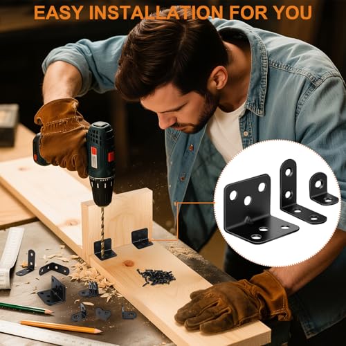 Image of 26 Pack L Bracket Corner Brace Kit, 3 Sizes Stainless Steel L Brackets for Wood Shelves, 90 Degree Right Angle Bracket, Black Metal Corner Brackets for Furniture Cabinet Drawer Chair (with 88 Screws)