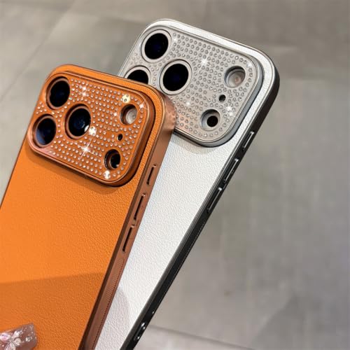Coque iPhone 16 Pro luxe en cuir PU avec contour d'objectif strass doré chic