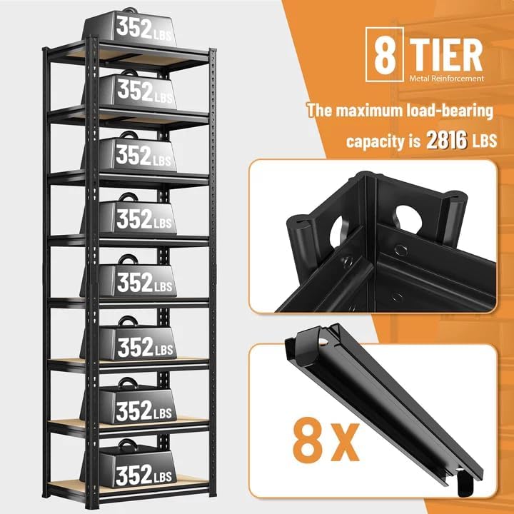 8 Tier Storage Shelves Adjustable Shelving Unit Load 2816LBS, Garage Shelving Heavy Duty Metal Shelves and Divisible, Storage Rack for Laundry Room, Pantry, Kitchen, Closet, Shelf 84" H - Image 4