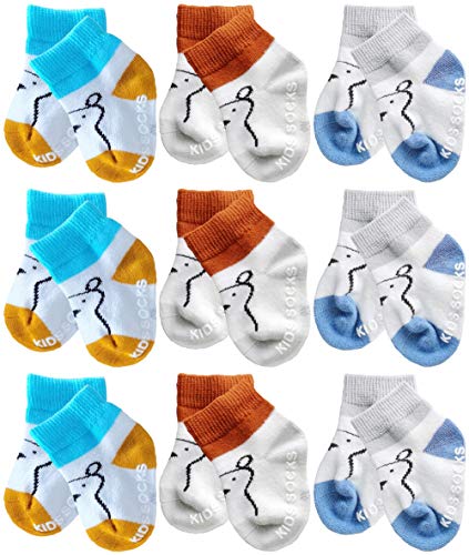 Baby Boy Girls Socks Non-Slip Grip Ankle Socks Anti Skid for Newborn Infant Toddlers Kids QandSweat (Blue/Brown/Grey 9-Pairs, 6-12M)