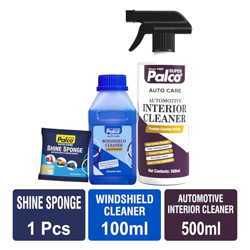 Image of PALCO Combo Auto Care 3 Products | Interior Cleaner 500ml, Shine Sponge, and Windshield Cleaner, Auto Care Solution For Removing Dirt & Shining Cars and Bikes