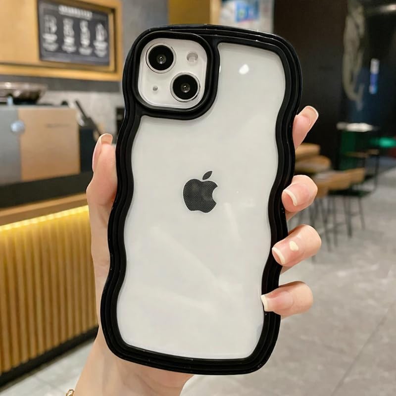 Image of ZR021 for iPhone 14 Back Case Cover | Wavy Border Transparent | Slim Fit | Camera Protection | Shockproof TPU Case - Black