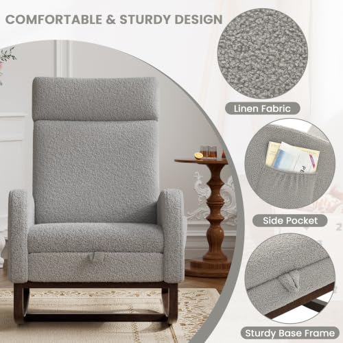 Image of Teddy Nursery Rocking Chair, High Back Glider with Footrest, Gray | Teddy Rocking Chair Nursery with Footrest Storage Pocket Upholstered Accent Arm Chair for Living Room Bedroom Indoor