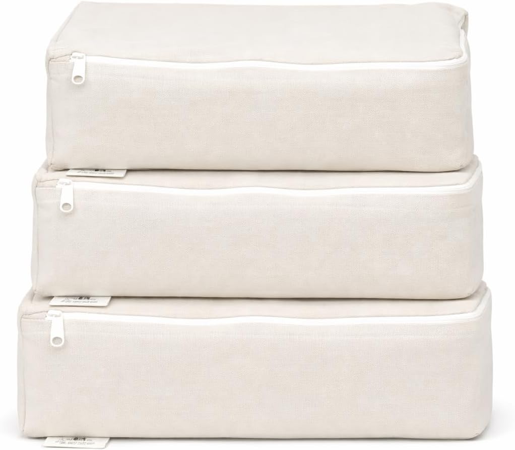 Packing Cubes Bag Pure Canvas Travel Organizers (10"x7"x3") with Durable YKK Zippers for Clothes, Shoes & Luggage Storage (Set of 3 (Small), Off-White)