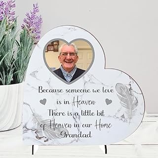 Pixie's Gifts Handmade Personalised Bereavement Plaque with Photo - Memorial Decor from MDF Wood, Customisable Design, Heaven Photo Heart Plaque Bereavement Loss Memorial Gifts (Grey Feather)