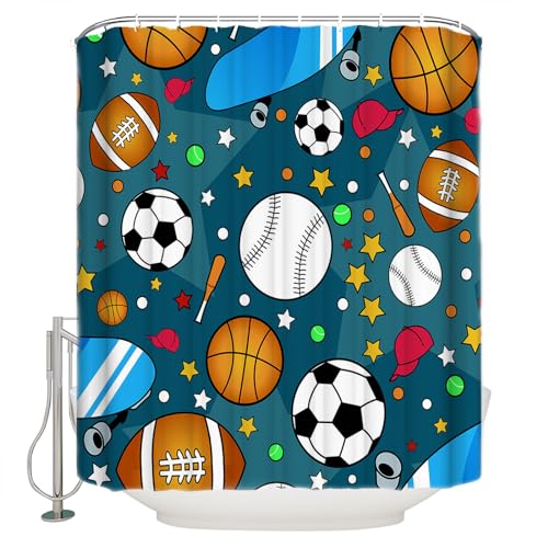 Anzona Sports Waterproof Shower Curtains Set - Small 36 x 72 Inch, Basketball Football Rugby Skateboard Teal Star Polyester Fabric Bathroom Curtain with 12 Hooks, Bathroom Accessories, 1 Panel