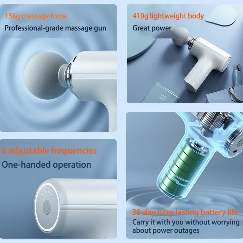 Mini massage gun, 6 speed settings, 45DB cool operation, 15 kg intensity, 10 -hour battery life, portable deep tissue collision Massage 4 heads, with white Mini massage gun, 6 speed settings, 45DB cool operation, 15 kg intensity, 10 -hour battery life, portable deep tissue collision Massage 4 heads, with white