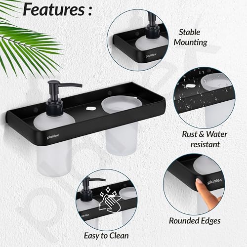 Image of Plantex Self Adhesive Aluminium Liquid Soap Dispenser with Tumbler Holder for Bathroom /2 in 1 Shampoo Dispenser with Toothpaste Holder /Bathroom Accessories - Pack of 1 (1505, Black)