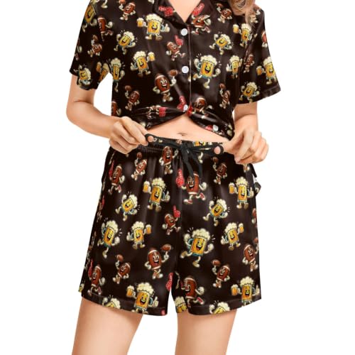 Image of Funny Satin Pajamas Set for Women Button Down Sleepwear Print Pjs Set 2 Piece Short Sleeve Loungewear Gift for Women