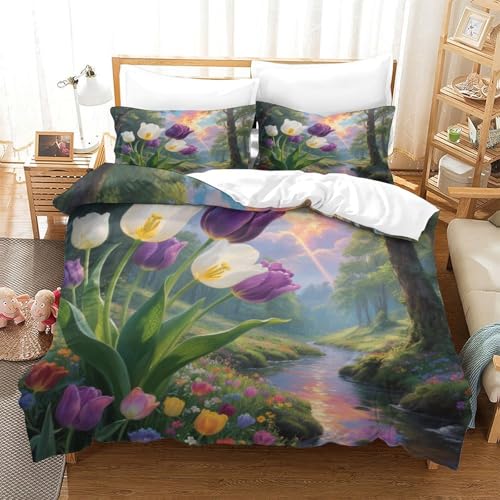 Housse de couette tulipe 3D microfibre facile à laver avec taie d'oreiller