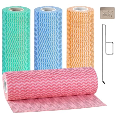 Dulynva 4 Rollo de Bayetas Desechable Trapos Cocina No Tejida Paño Limpieza Reutilizable Paños de Limpieza Rasgables Toallas Desechables Trapo con Porta Rollo Cocina Multiusos (200 Hojas/4 colores)