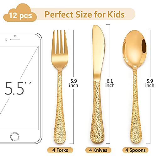 Lianyu 12-Piece Kids Gold Silverware Set, Stainless Steel Toddler Utensils, Hammered Metal Preschooler Flatware Cutlery Set, Children Tableware Includes Knives Forks Spoons, Dishwasher Safe #TOP1