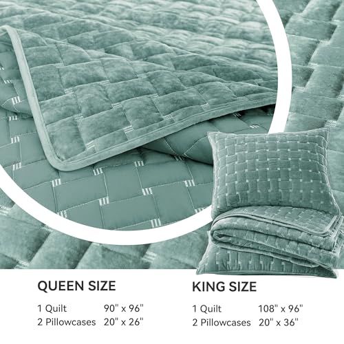 Image of Grassix Velvet Quilt Set Queen Size, Luxury Geometric Design, Aqua Green