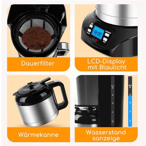 Aigostar Bonnie - Edelstahl Kaffeemaschine mit timer, 24H programmierbar, LCD Display, Warmhalteplatte, Abschaltautomatik, Tropfstopp, 800W, Filterkaffeemaschine mit Thermokaraffe, 10 Tassen, 1,2 L – Bild 5