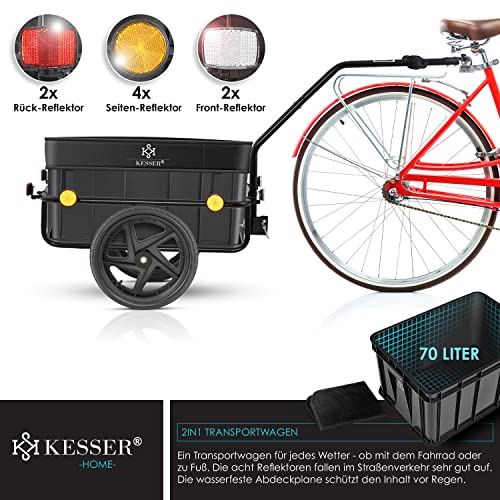 KESSER® Fahrradanhänger, Lastenanhänger, Handwagen mit Kupplung, Hochdeichsel, für Fahrrad Transportanhänger Transportbox mit 70 Liter Volumen, Max. 60kg, + Zubehör für Fahrräder mit 26-28, Schwarz