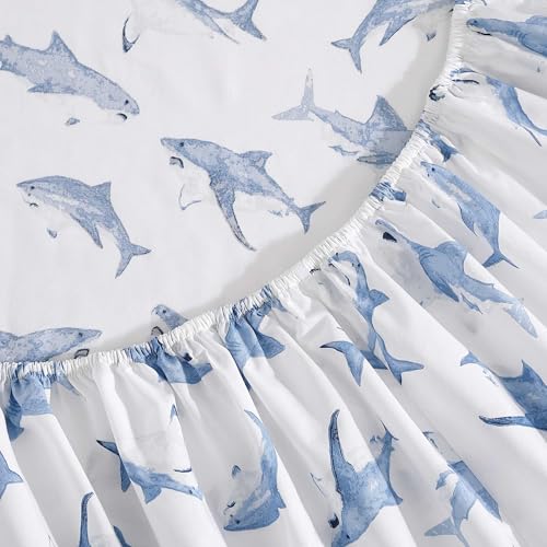 Image of Poppy & Fritz - Full Size Sheet Set, 100% Long-Staple Percale Cotton Bedding, Crisp & Cool, Deep Pockets, Bed Sheets with Matching Fitted Sheet & Pillowcases (Shark Attack Blue)