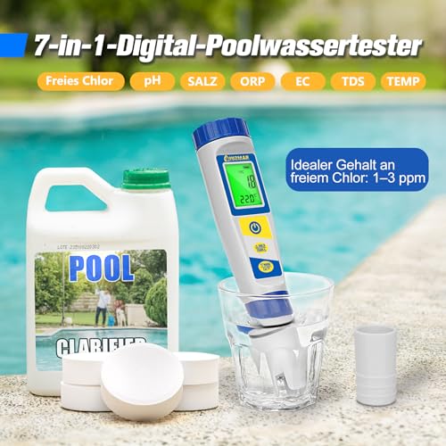 UIUZMAR Digitales pH und Chlor Messgerät, Pool Wassertester für Whirlpool, pH und Salzgehalt Messgerat für Schwimmbäder, 7 in 1 pH Salz Chlor ORP EC TDS Temperatur Tester für Hydrokultur Aquarien