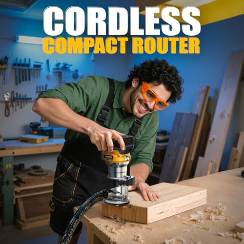 Cordless Compact Router Compatible with DeWalt 20V Battery, With 15Pcs Router Bits 6 Variable Speeds for Woodworking, 800W Fixed Base Wood Router With Trim Bits, Edge & Roller Guide