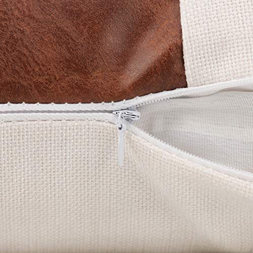 Cygnus Set Of 2 White Linen Patchwork Faux Leather Throw Lumbar Pillow Covers For Couch Living Room Bedroom,Modern Accent Decor Lumbar Covers 12X20 Inch thumb #5