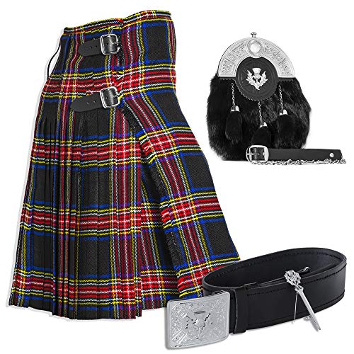 UMAM Tartan Kilt Set - 05 Pieces Kilt Accessories for Men, Scottish Outfit (Black Stewart,32