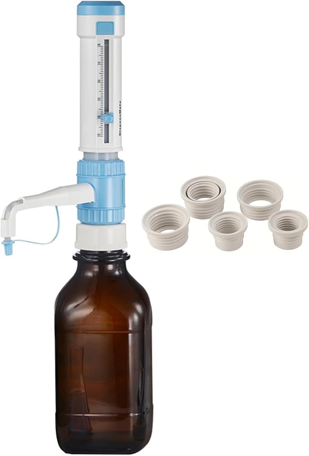 BOOZXCV Laboratory Bottle Dispenser with 5 Adapters, Accurate Scale Design, Durable Inert Material for Chemicals, Oils, Solvents, and Reagents Dispensing (2.5)