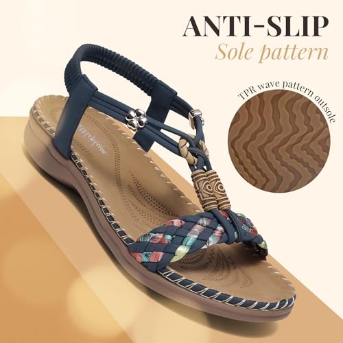 Image of Littleplum Women Sandals Arch Support Handmade Bohemian Braided Flat Sandals Comfort Walking Beach Ankle Elastic Summer Shoes