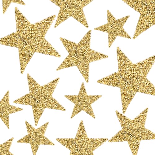 Image of Wawory 12 Pcs Iron On Star Patches Rhinestone Gold Adhesive Applique Stars, Gold Star Glitter Crystal Patches for Clothing Jeans Bags Hats Repair Decoration (3 Size)