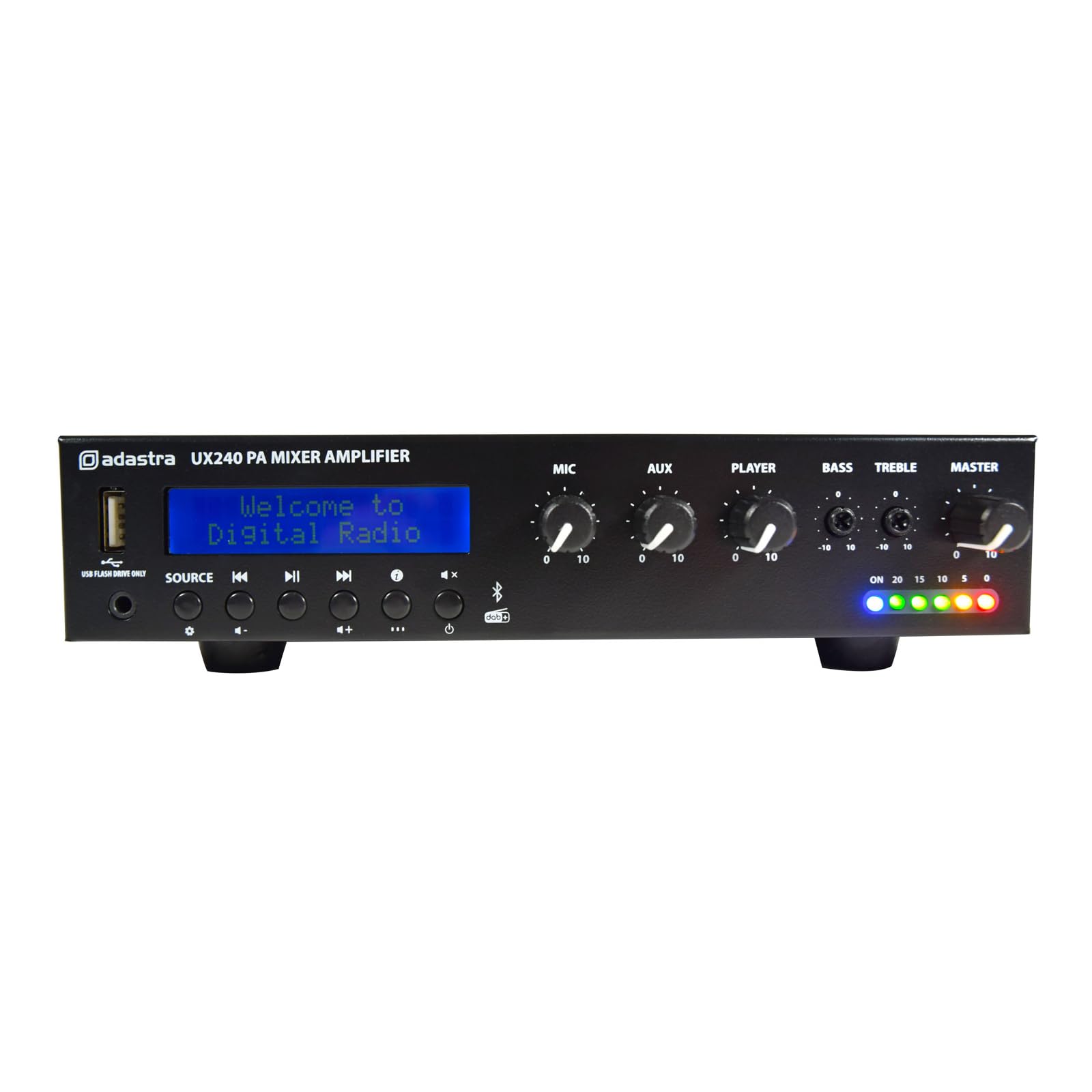 Adastra Kompakter 100-V-Mixer-Verstärker der UX-Serie mit 240 W echter Ausgangsleistung, volle Audiowiedergabe durch Multimedia-Player Dab+ Bluetooth