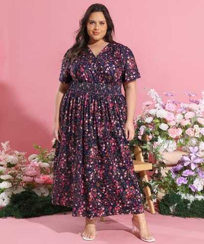 Image of CARCOS Plus Size Dresses for Curvy Women V Neck Summer Maxi Dress Short Sleeve Floral Boho Dress Smocked Waist Beach Dress