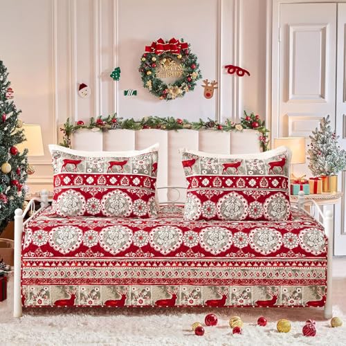 Image of Hailea Christmas Daybed Cover Double Sided Quilting Xmas Lodge Cabin Daybed Sets Bedding with 2 Pillow Shams Red Grey Elk Snowflake Holiday Xmas Bedspread Coverlet for All Season,39 inchx75 inch