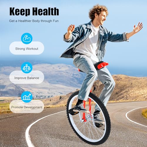 DELOPVIO Outdoor Wheel Unicycle, 24 Inch Wheel Unicycle with Steel Rim, One Wheel Bike Adjustable Seat Exercise Bicycle Fit Adults Kids Outdoor Sports Fitness Exercise (Red)
